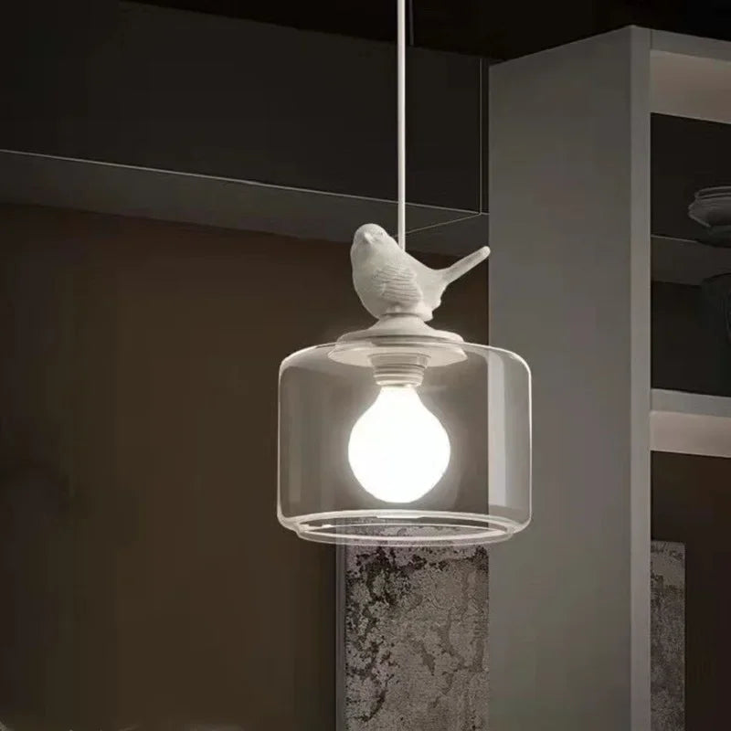 Lampa Wisząca z Szklanym Kloszem i Dekoracyjnym Ptaszkiem
