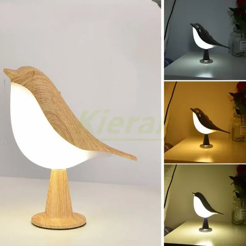 Lampka nocna LED ptaszek – dekoracyjna lampa stołowa z efektem drewna