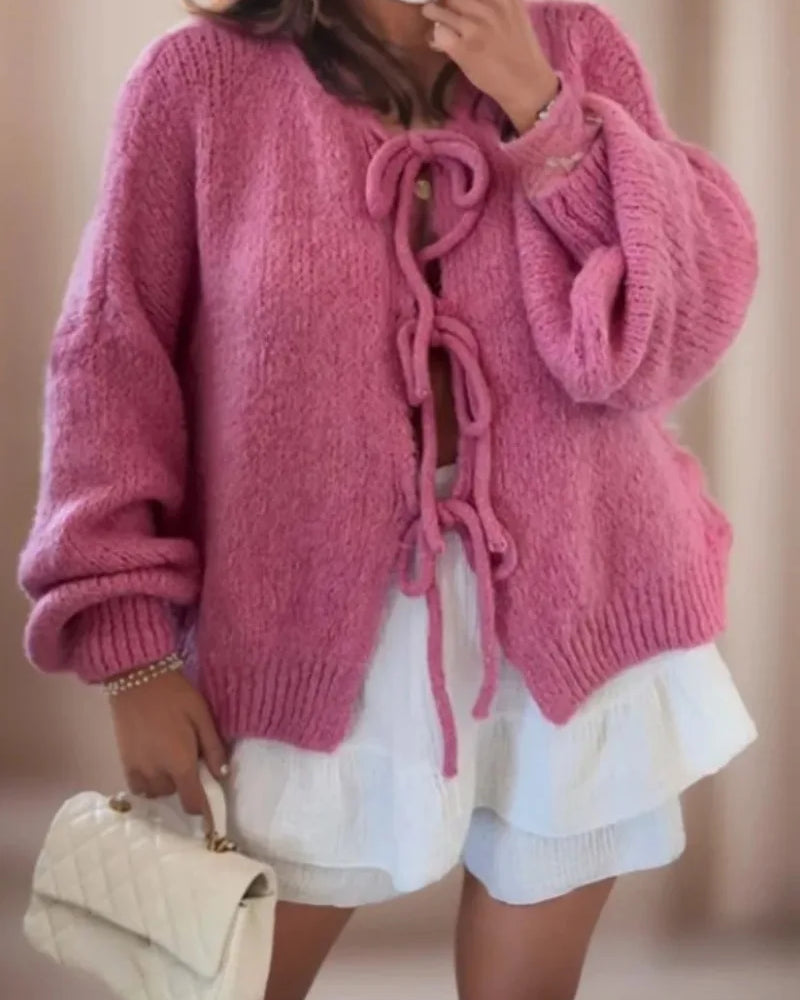 Damski Kardigan - Wiązanie na Kokardki z Rękawem Balonowym