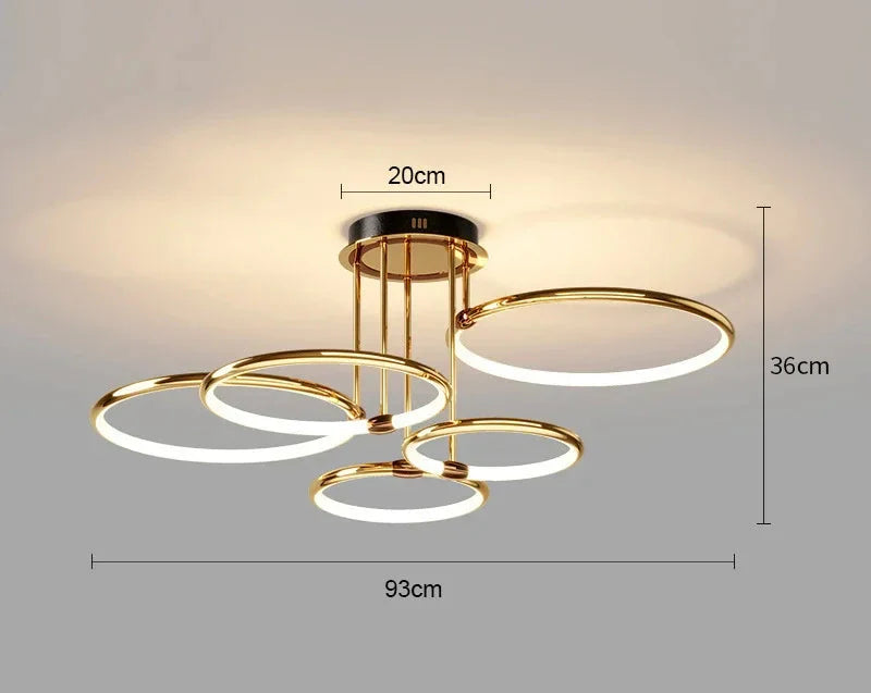 Nowoczesny żyrandol LED z pierścieniami – lampa sufitowa z geometryczną formą