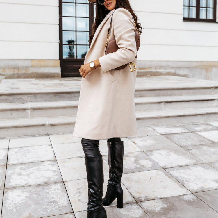 Damski Płaszcz Zimowy Długi - Pojedynczy Guzik i Klapa Otwarta