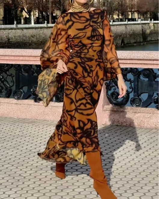 Ashley | Plażowa elegancja Brązowa długa sukienka w kwiaty