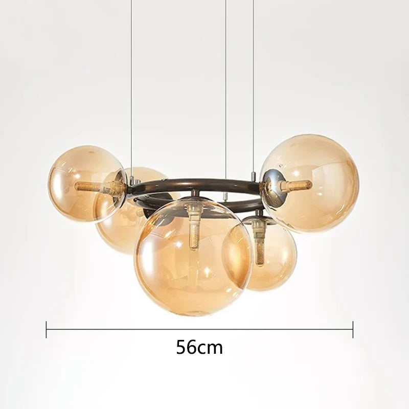 Nowoczesny żyrandol z kulami ze szkła – Designerska lampa wisząca z przydymionymi kloszami i okrągłą ramą