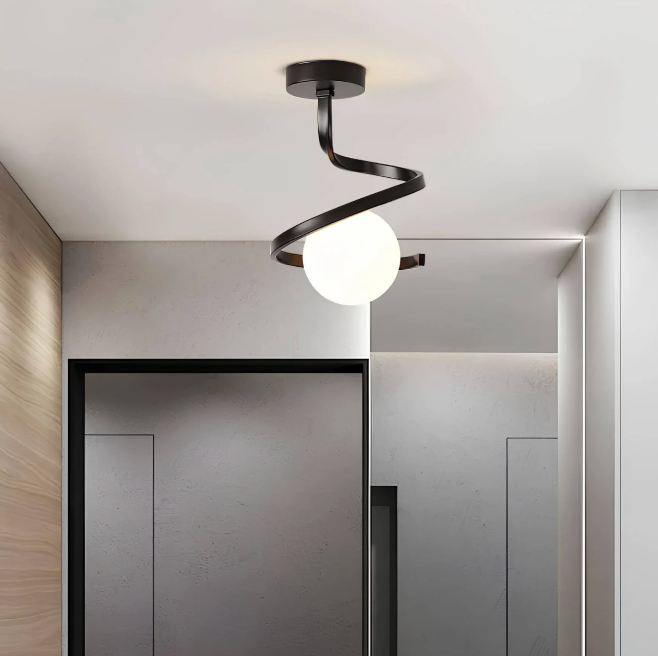 Plafon sufitowy spiralny – lampa z kulistym
