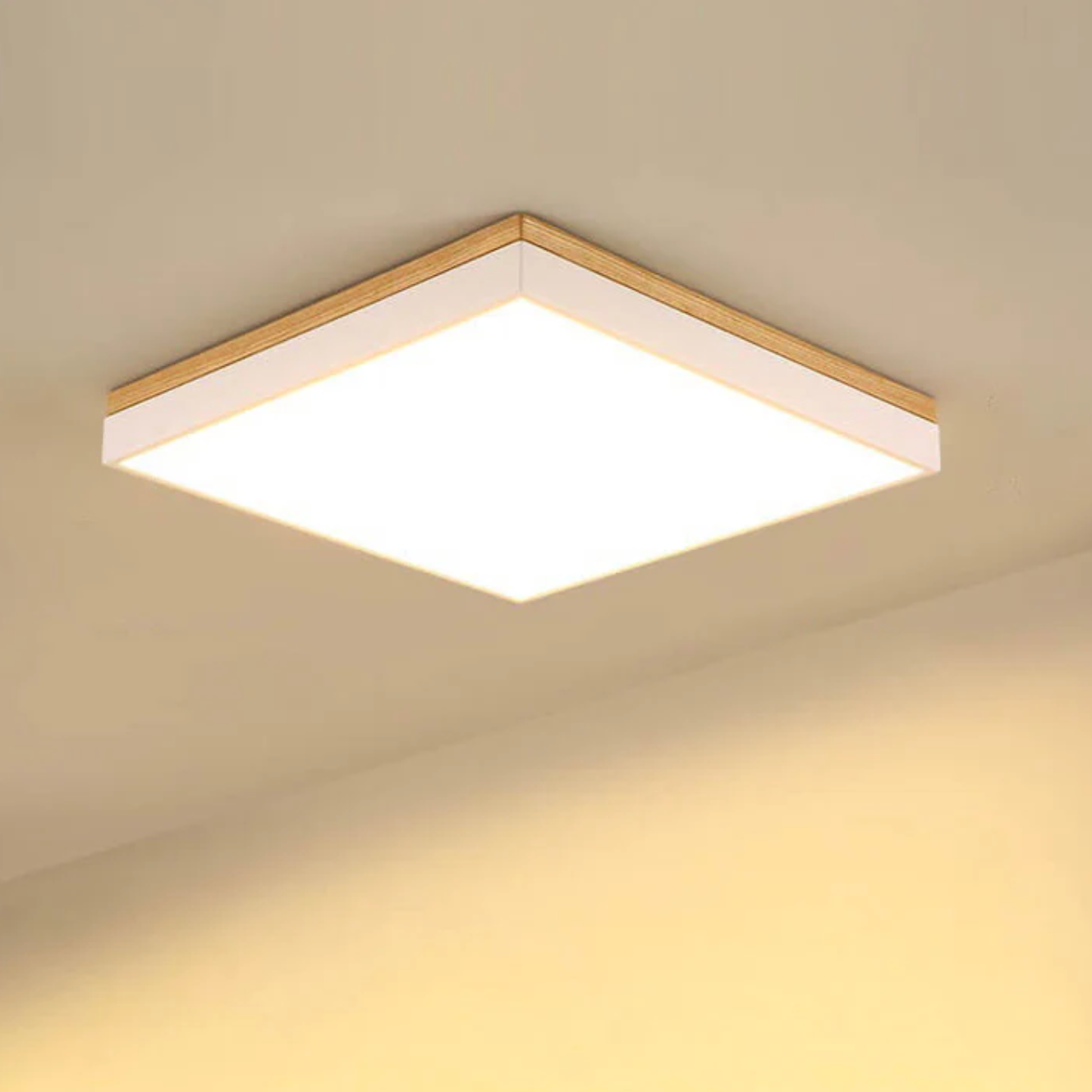 Nowoczesna lampa sufitowa LED – kwadratowy plafon z drewnianą ramką