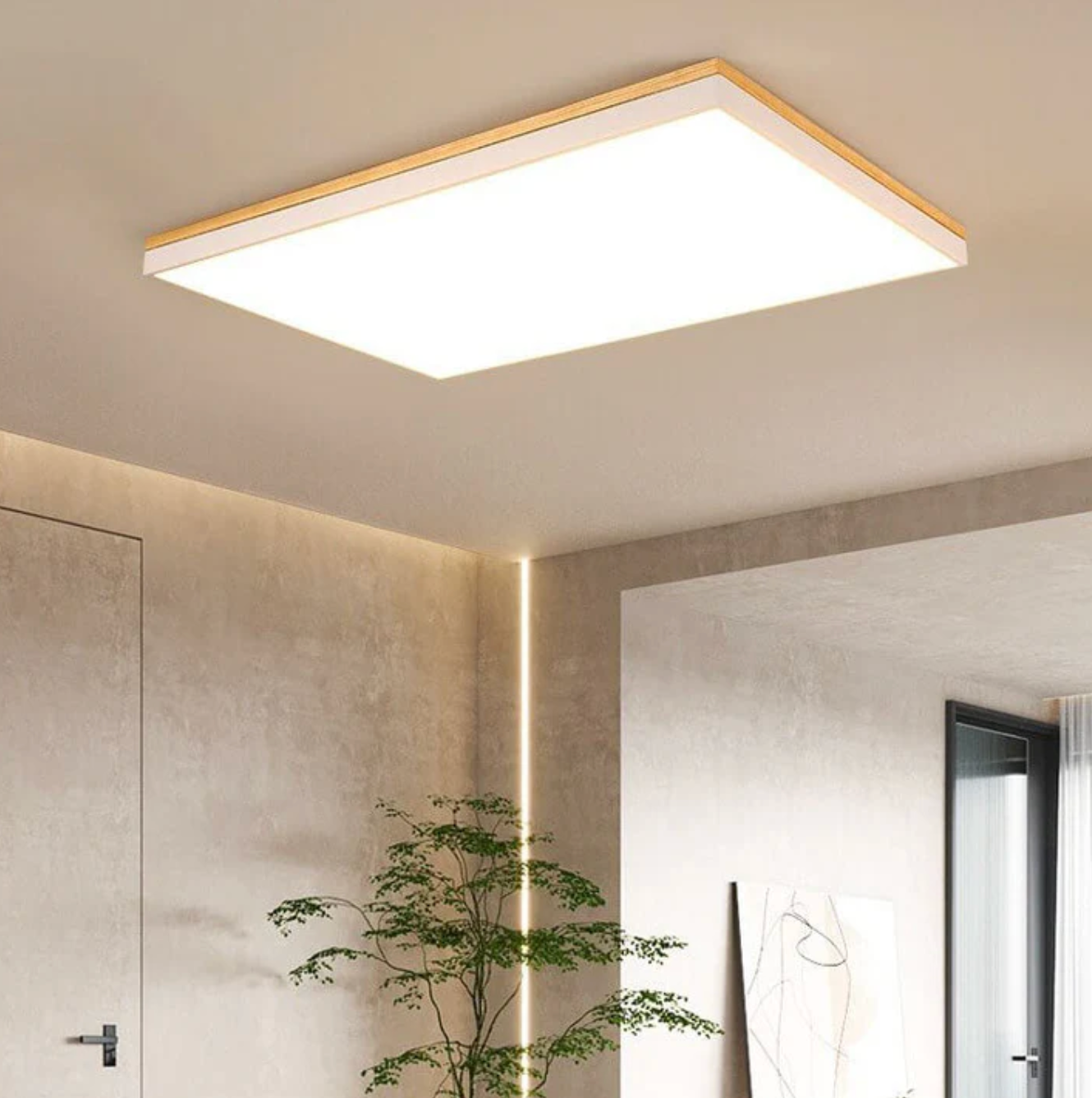 Nowoczesna lampa sufitowa LED – kwadratowy plafon z drewnianą ramką