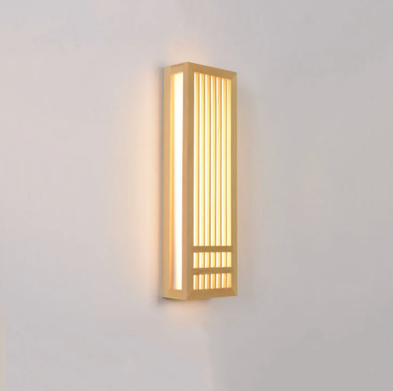 Kinkiet ścienny drewniany LED – lampa w stylu japandi z dekoracyjnym panelem