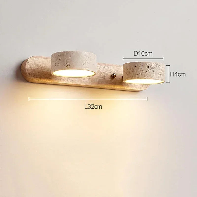 Nowoczesna lampa ścienna LED z obrotowymi kloszami z kamienia i drewnianą bazą