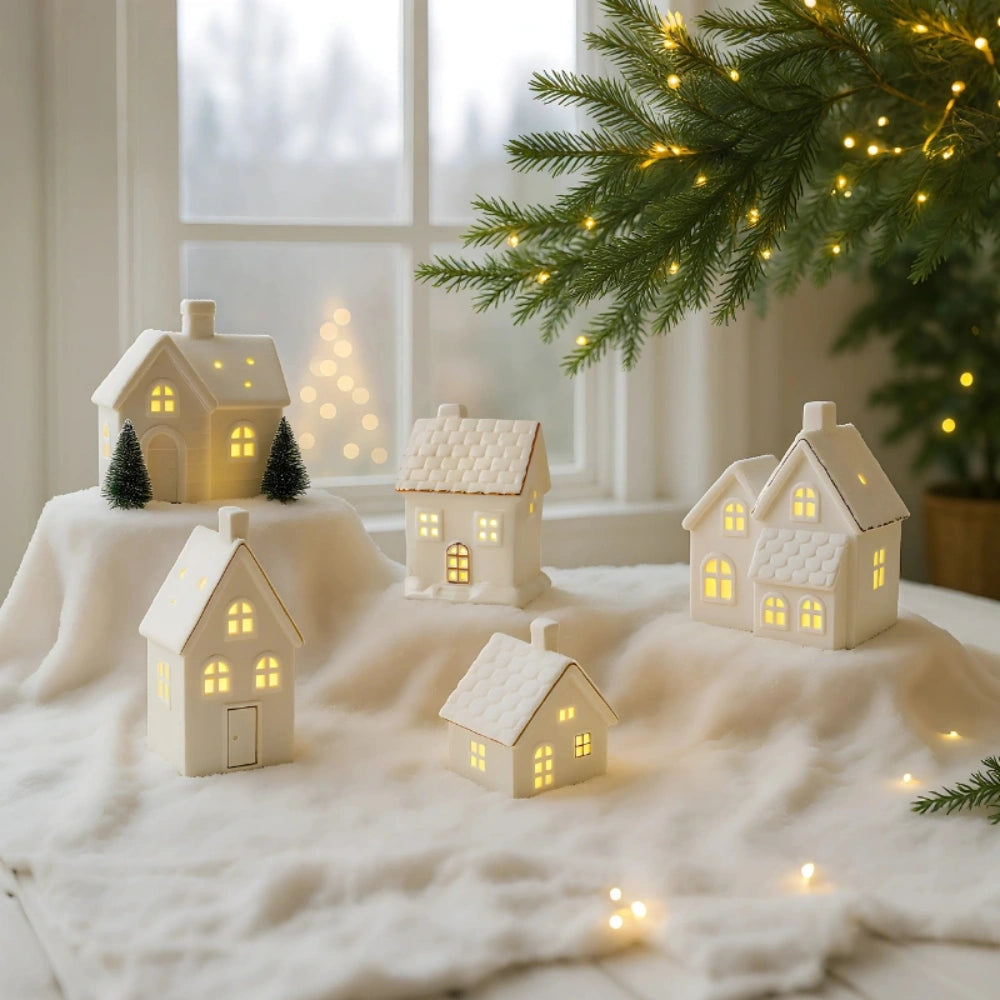 Słoneczna Ceramiczna Wioska Snowhaven – Ręcznie Wykonana Dekoracja Zimowa z Ciepłym Blaskiem [dekoracja zimowa]