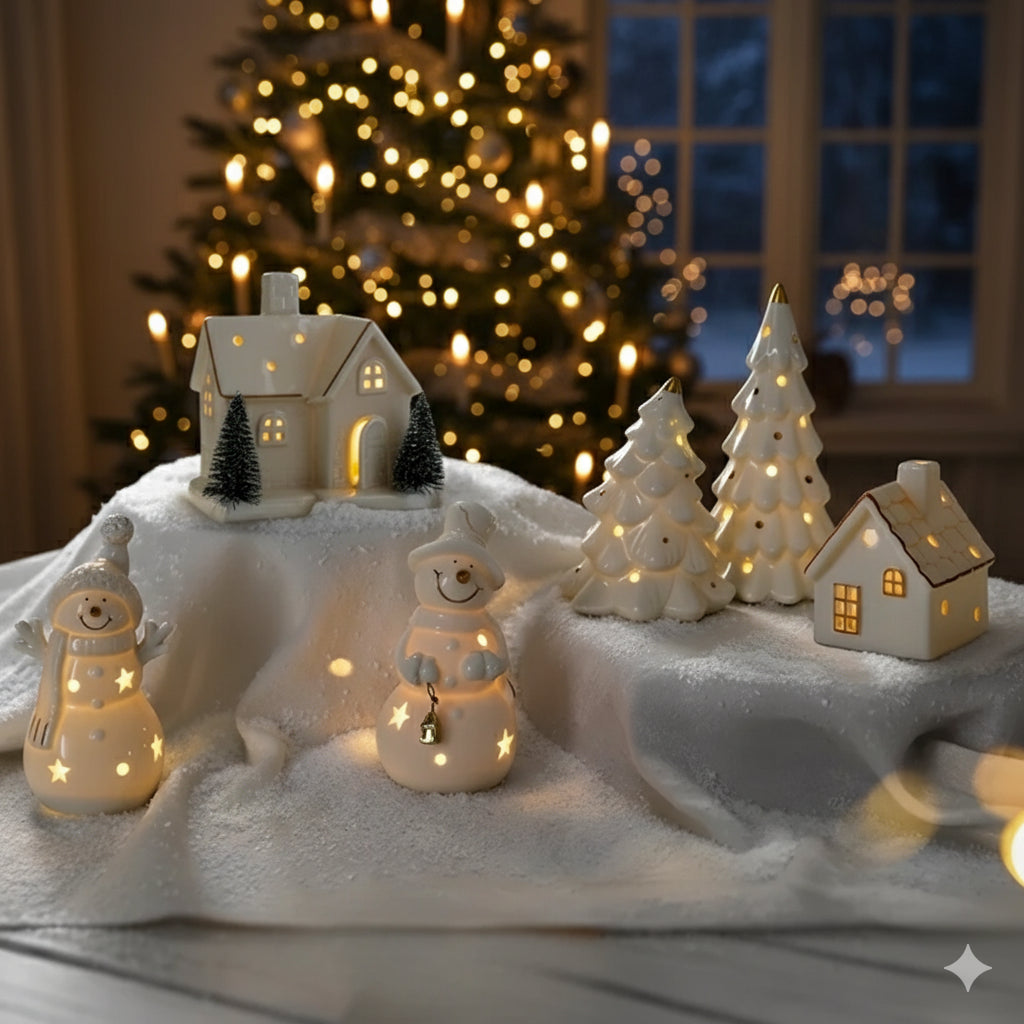 Słoneczna Ceramiczna Wioska Snowhaven – Ręcznie Wykonana Dekoracja Zimowa z Ciepłym Blaskiem [dekoracja zimowa]
