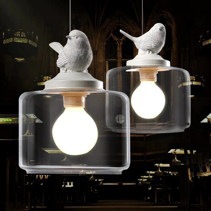 Lampa Wisząca z Szklanym Kloszem i Dekoracyjnym Ptaszkiem