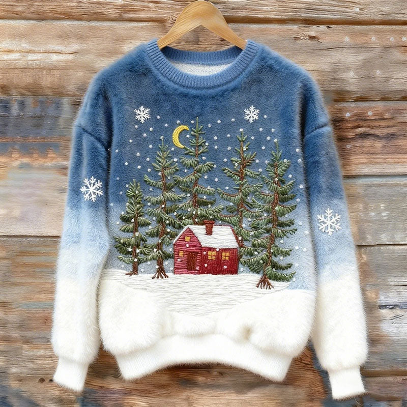 Kobiece Sweter z Fleece z Wzorem Czerwonego Domu Bożonarodzeniowego w Lesie Płatków Śniegu i Choinek