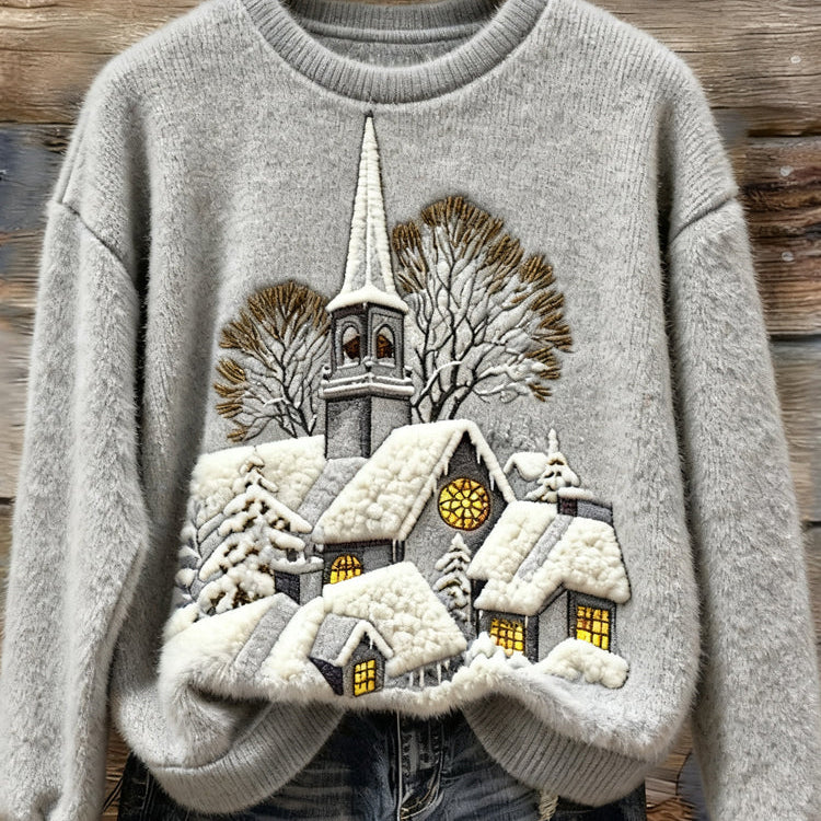Damski Sweter Fleece z Haftem Sceny Świątecznej i Domu