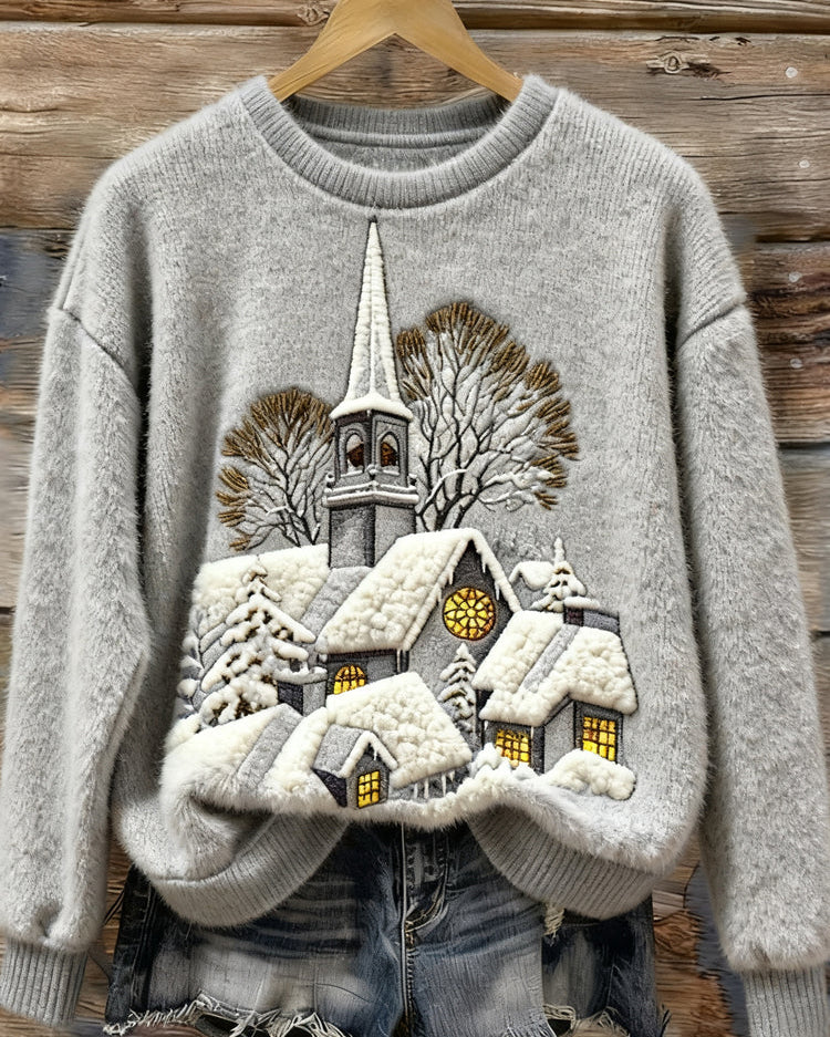 Damski Sweter Fleece z Haftem Sceny Świątecznej i Domu