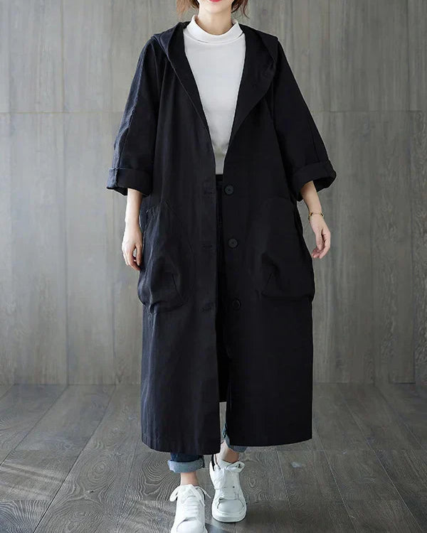 Damski Płaszcz Oversize Długi - Z Kapturem i Duże Kieszenie