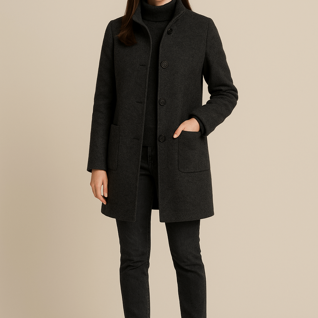 Damski Płaszcz Przejściowy - Jednorzędowy z Wysoką Stójką