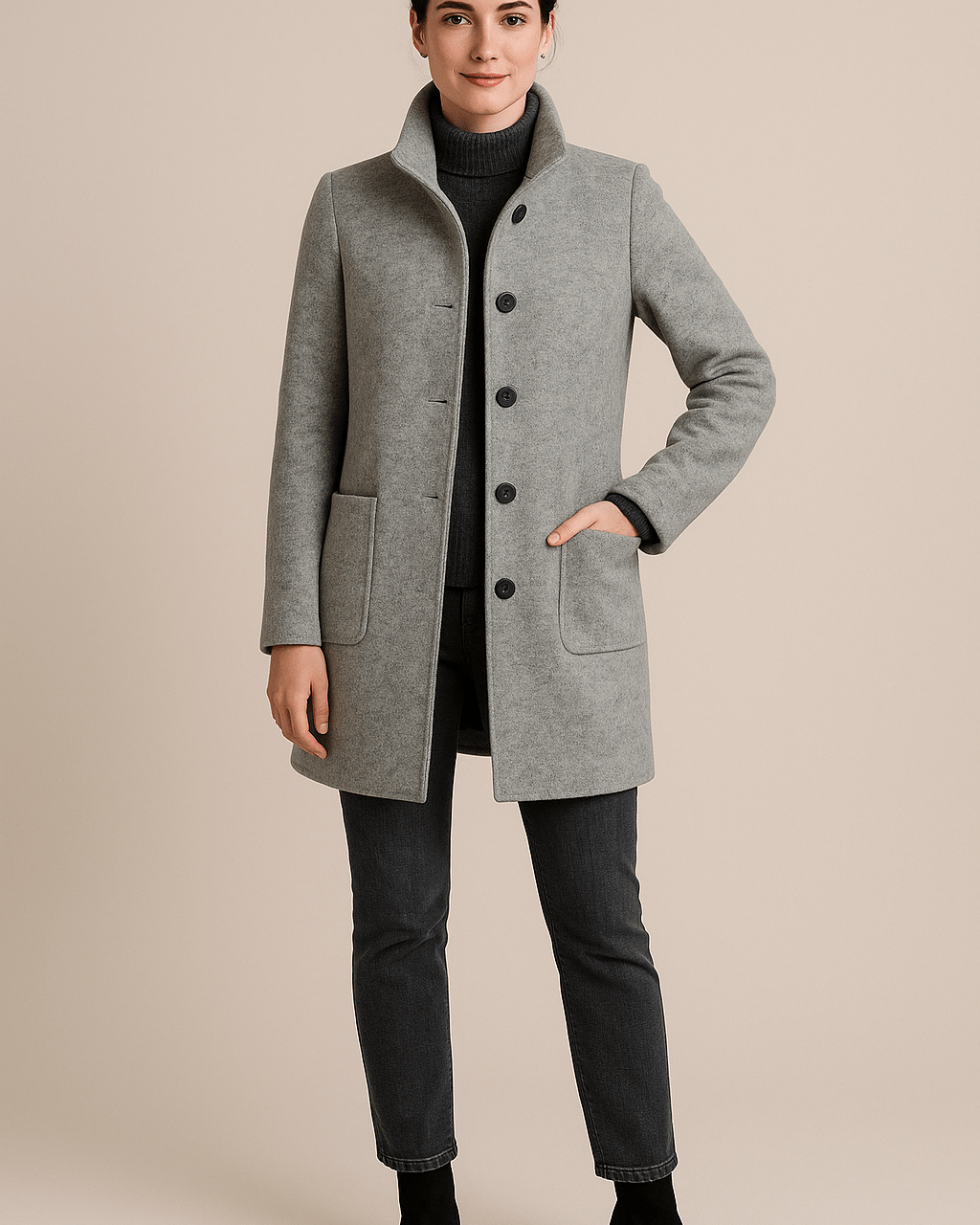 Damski Płaszcz Przejściowy - Jednorzędowy z Wysoką Stójką