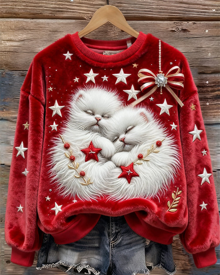 Miękka i Wygodna Bluza z Wyszywanymi Kotami i Gwiazdkami Świątecznymi