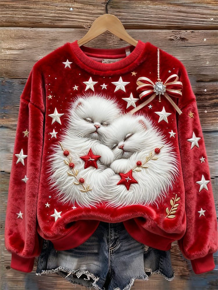 Miękka i Wygodna Bluza z Wyszywanymi Kotami i Gwiazdkami Świątecznymi