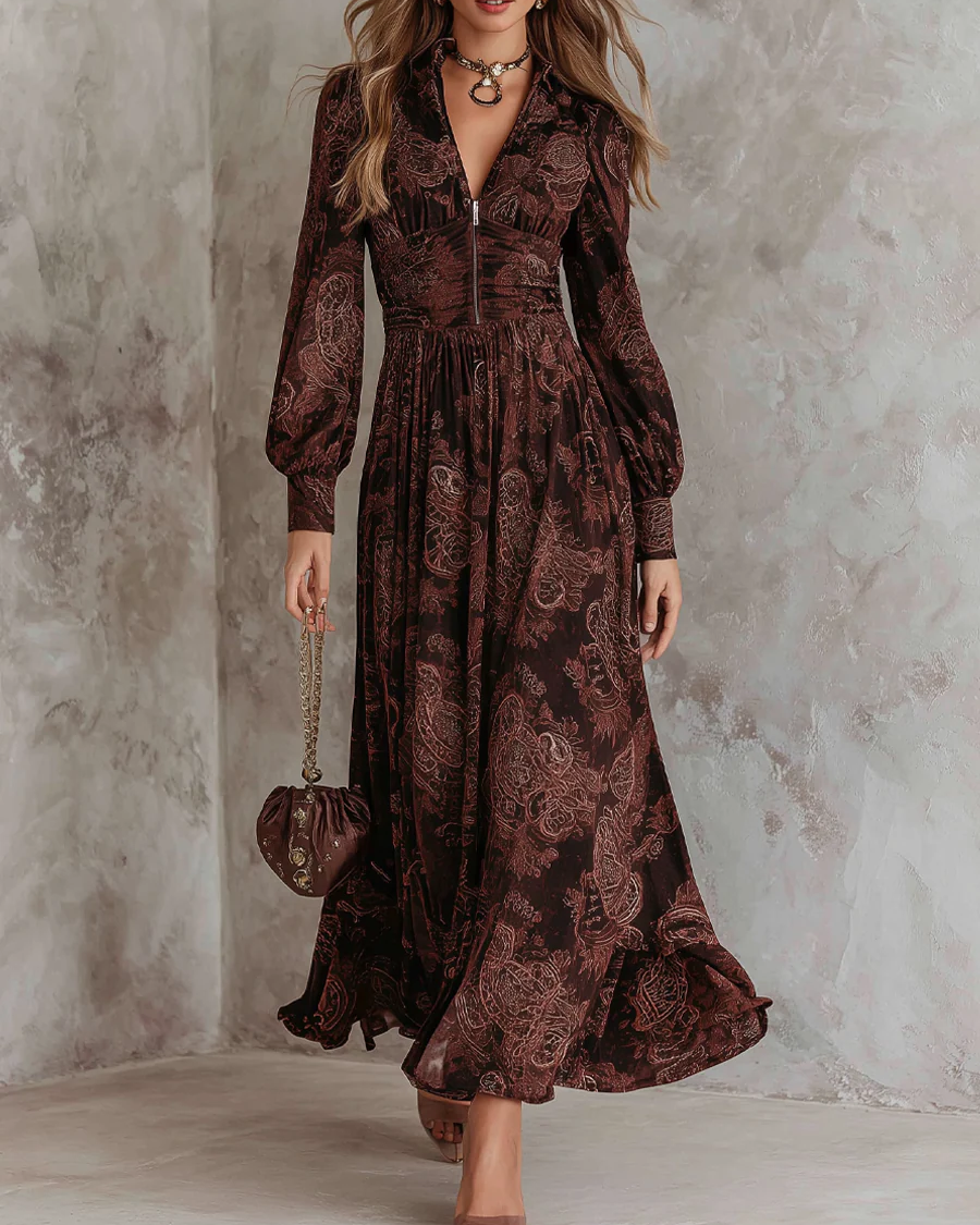 Izabela | Sukienka Maxi z Paisley i Zipperem