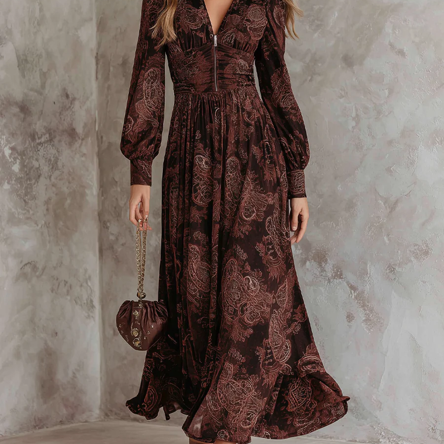 Izabela | Sukienka Maxi z Paisley i Zipperem