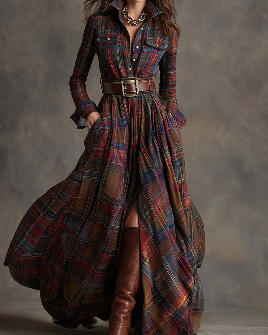 Giulia - Długa sukienka w brązowo-czerwonych kratkach w stylu etnicznym retro z kołnierzykiem
