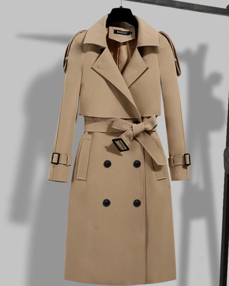 Damski Elegancki Trencz – Klasyczne Guziki i Pasek