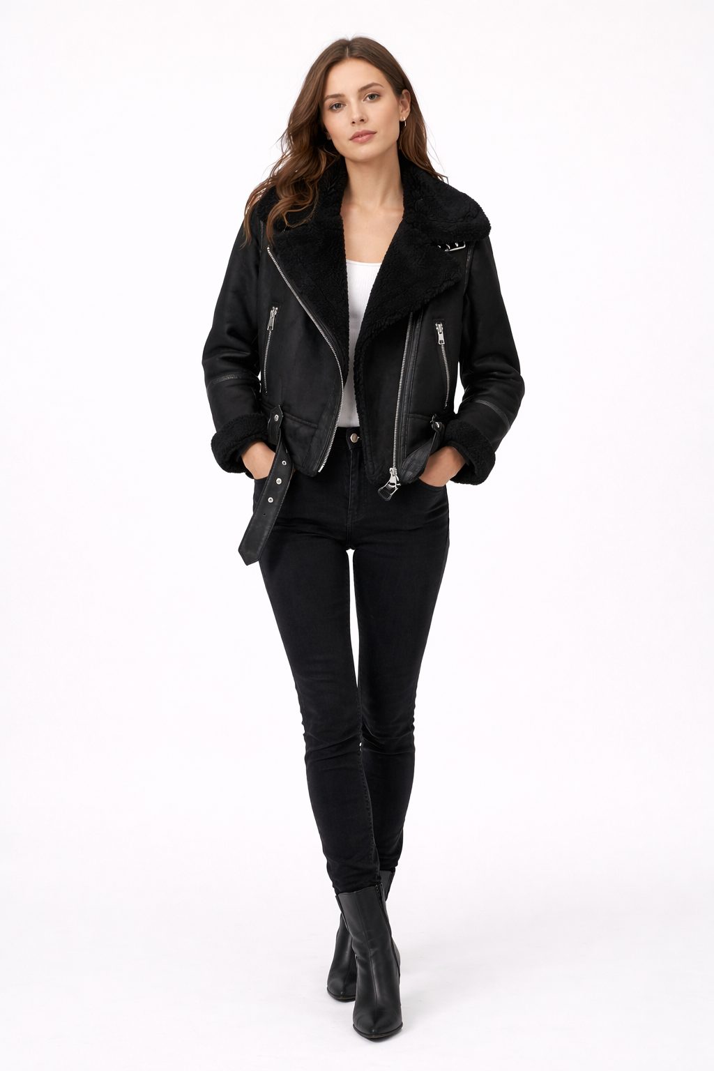 Vespera – Zamszowa kurtka aviator z ociepleniem shearling
