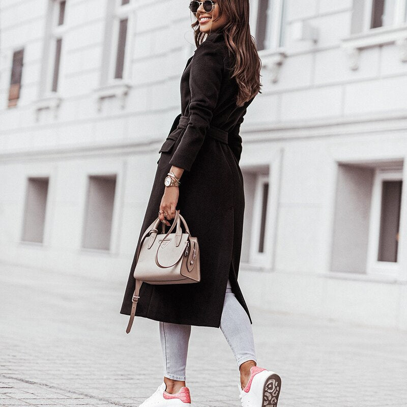 Damski Długi Płaszcz Szlafrok - Z Szerokim Kołnierzem i Paskiem