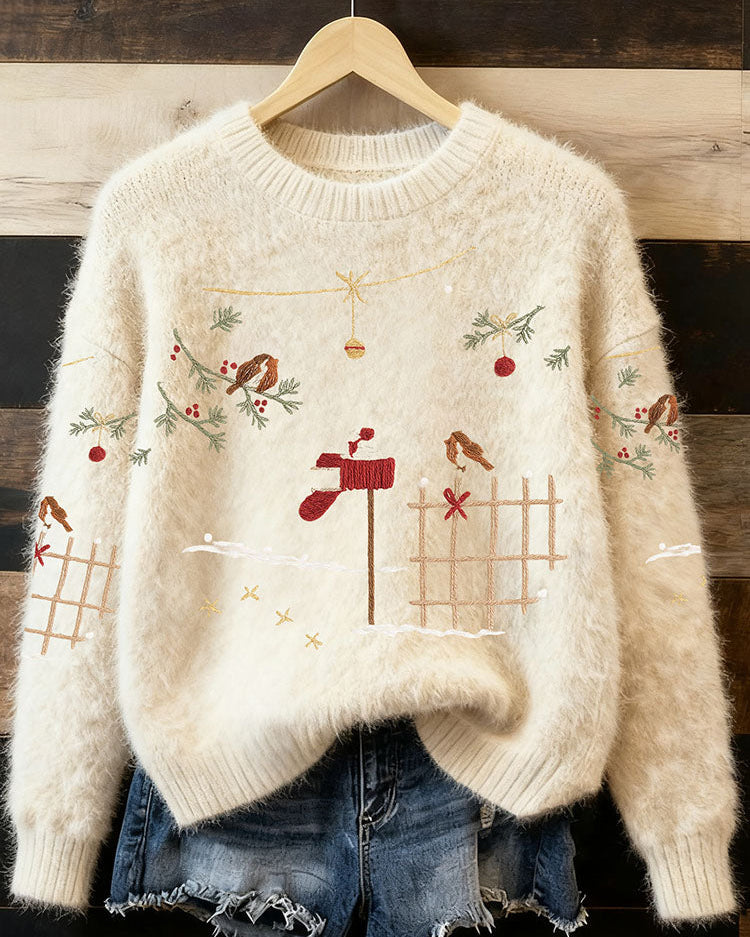 Ciepły Sweter Pullover dla Kobiet z Haftem Świątecznym