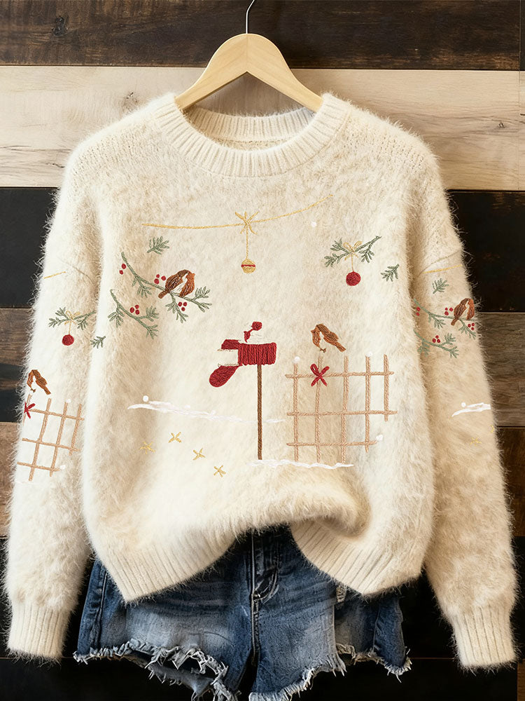 Ciepły Sweter Pullover dla Kobiet z Haftem Świątecznym