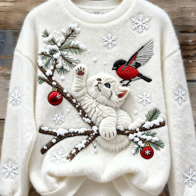 Przytulny sweter z haftem świątecznym, kotem i ptakiem dla kobiet