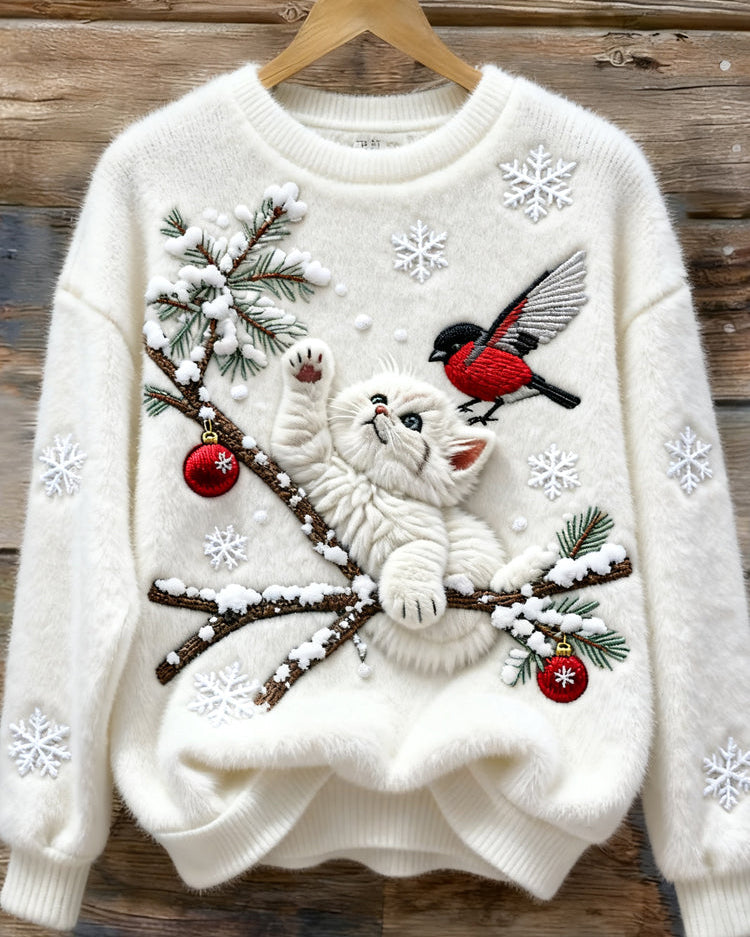 Przytulny sweter z haftem świątecznym, kotem i ptakiem dla kobiet