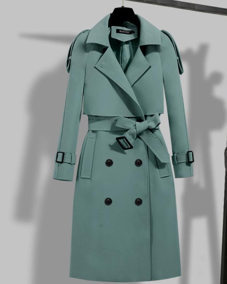 Damski Elegancki Trencz – Klasyczne Guziki i Pasek