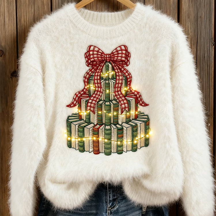 Sweter Haftowany dla Miłośników Książek - Wzór Choinki