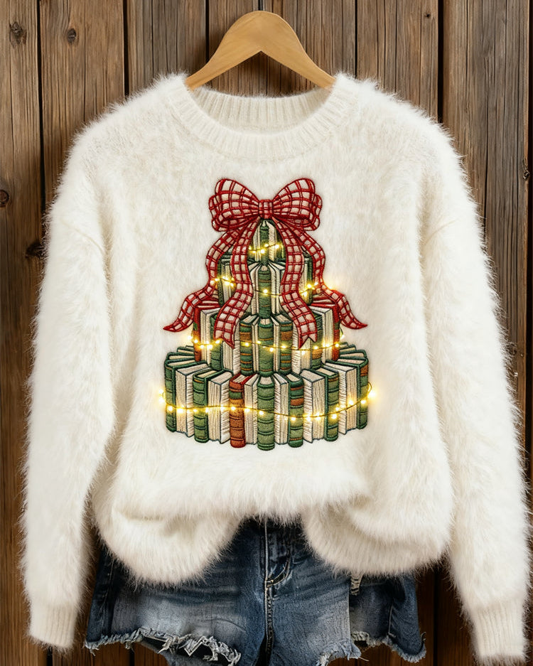 Sweter Haftowany dla Miłośników Książek - Wzór Choinki