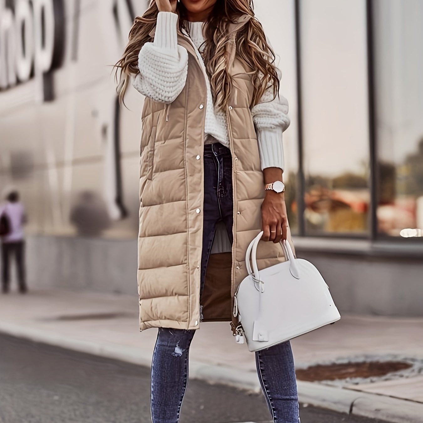 Damska Długa Kamizelka Pikowana - Z Kapturem, Zapinana na Guziki