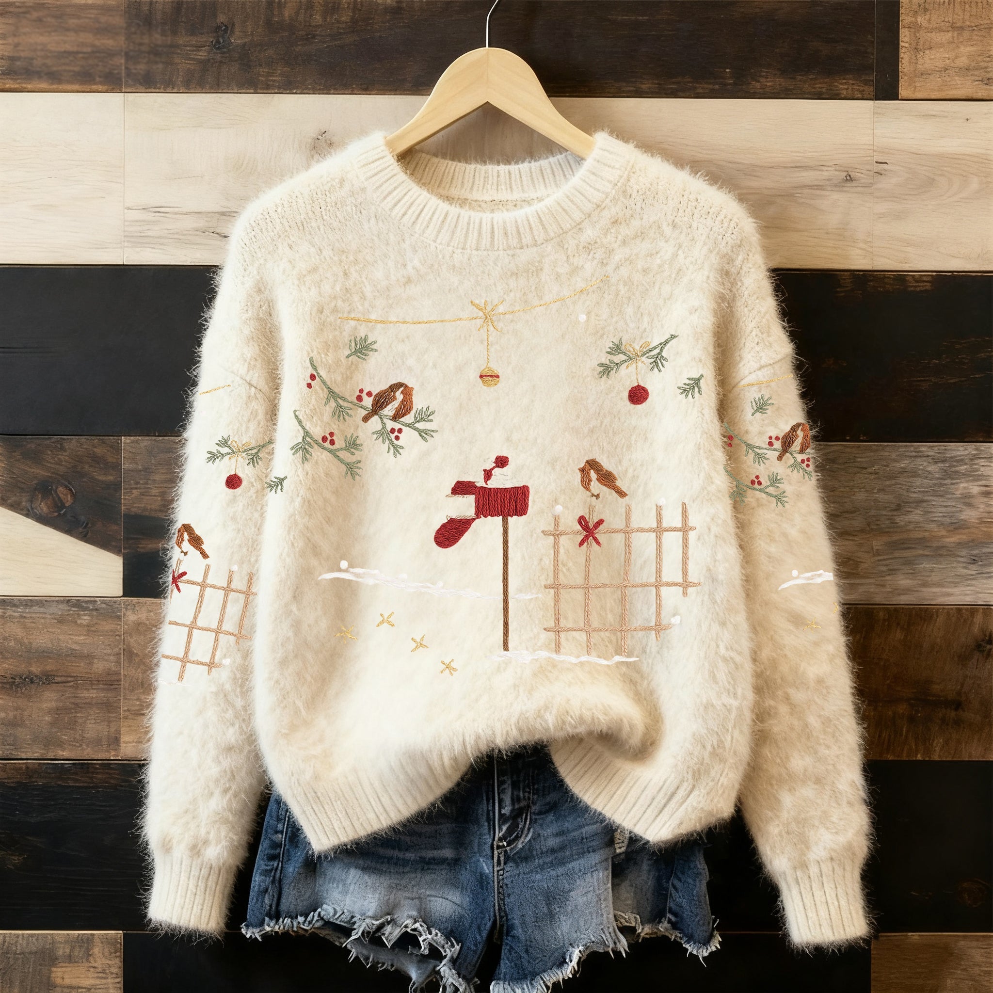 Ciepły Sweter Pullover dla Kobiet z Haftem Świątecznym