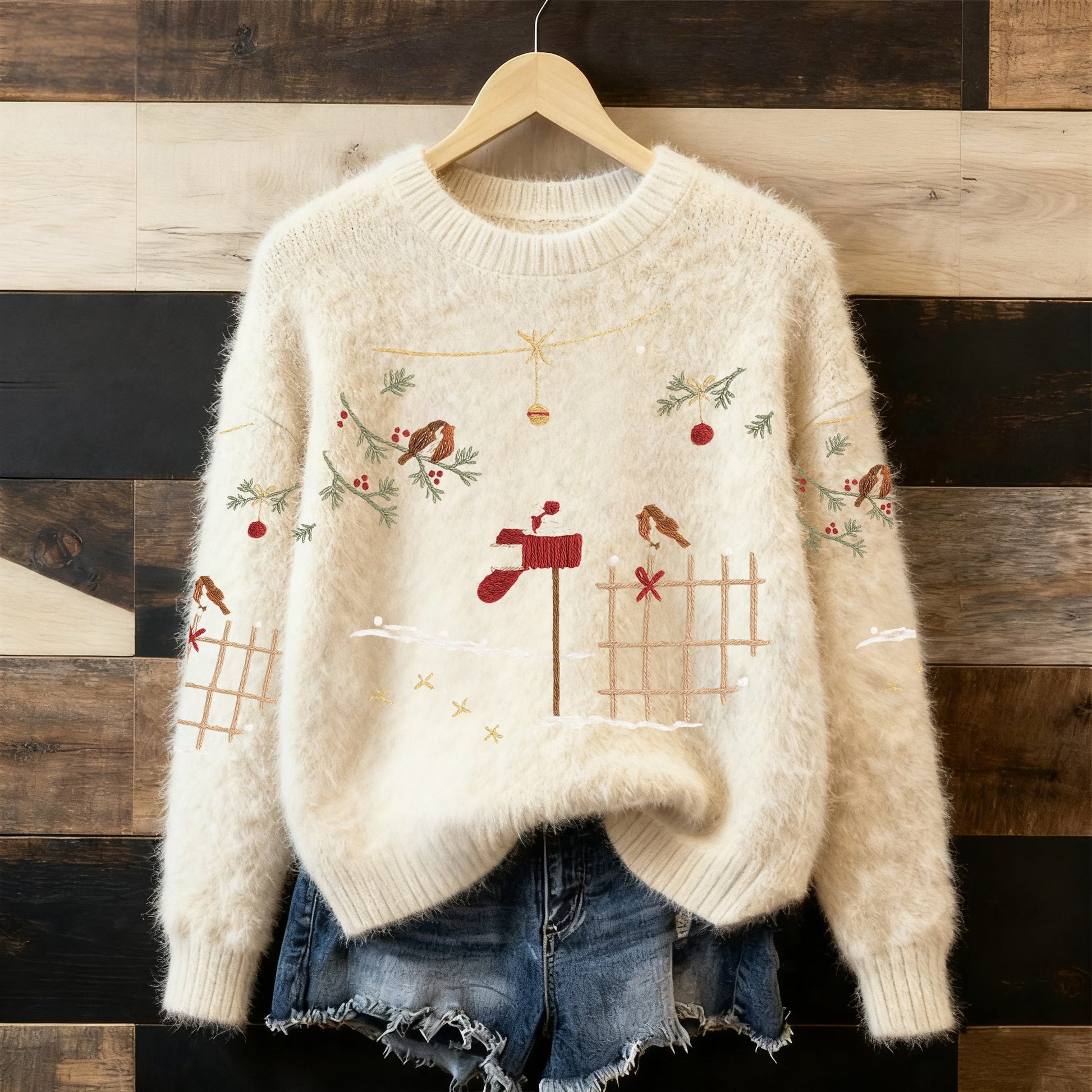 Ciepły Sweter Pullover dla Kobiet z Haftem Świątecznym