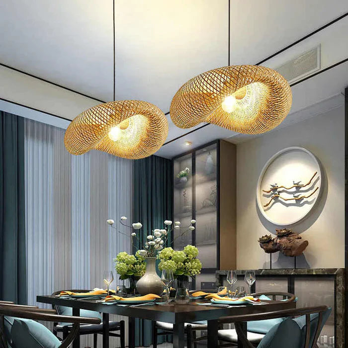 Lampa wisząca tkana ręcznie z bambusa styl boho