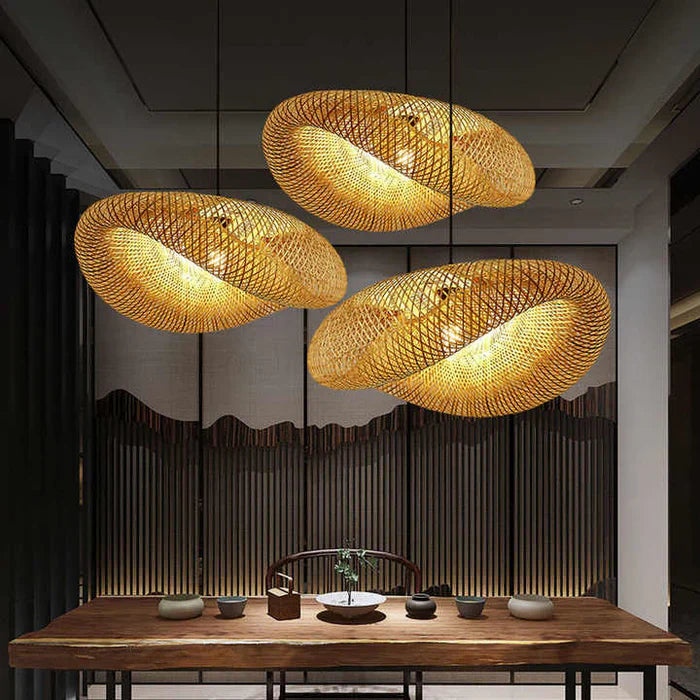 Lampa wisząca tkana ręcznie z bambusa styl boho
