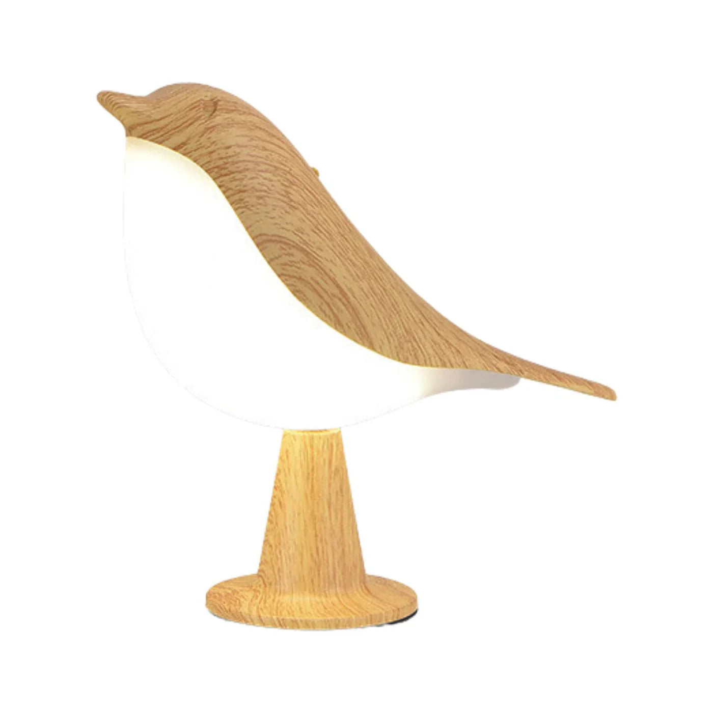 Lampka nocna LED ptaszek – dekoracyjna lampa stołowa z efektem drewna