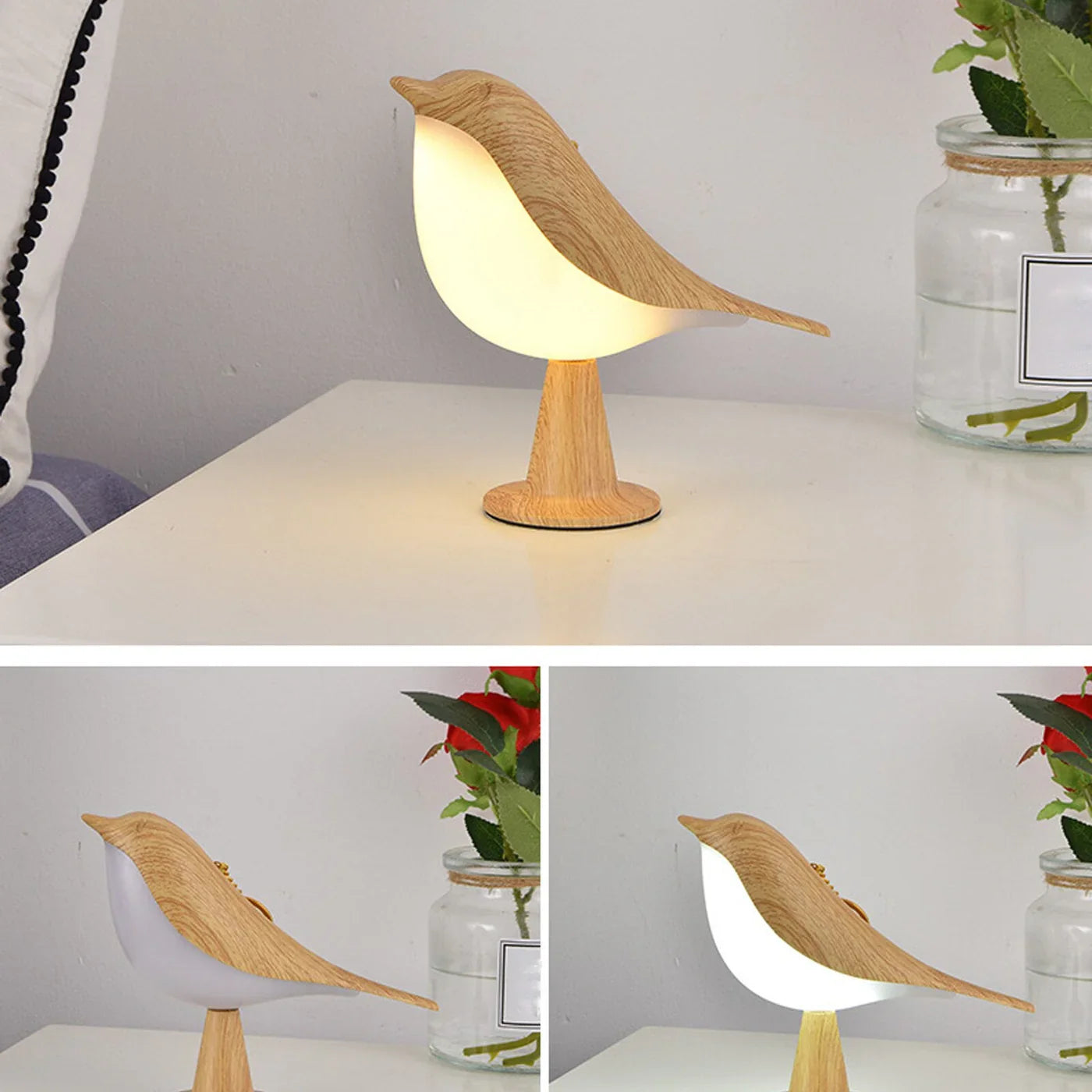 Lampka nocna LED ptaszek – dekoracyjna lampa stołowa z efektem drewna