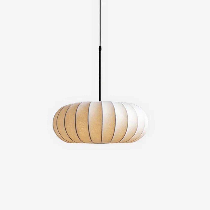 Lampa sufitowa z jedwabnym kloszem styl japoński wabi-sabi – owalny klosz z delikatnym żebrowaniem
