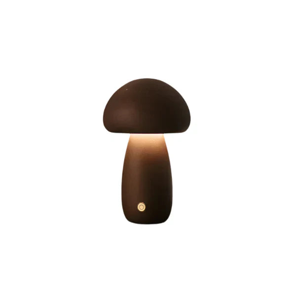 Drewniana lampa stołowa LED w kształcie grzybka – przytulne światło nocne