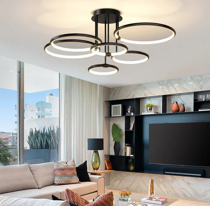 Nowoczesny żyrandol LED z pierścieniami – lampa sufitowa z geometryczną formą